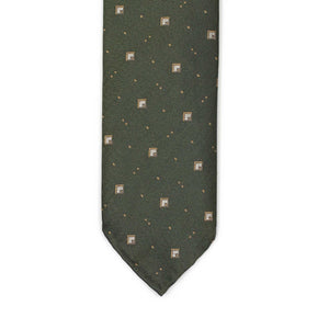 Olive green silk mini-herringbone tie, gold and silver deco jacquard motifs