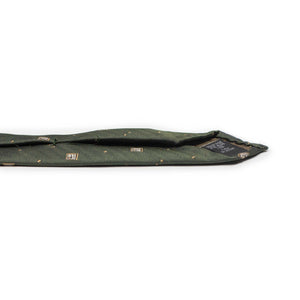 Olive green silk mini-herringbone tie, gold and silver deco jacquard motifs