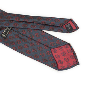Blue silk twill tie, red and blue jacquard motifs