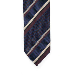 Navy silk grenadine tie, burgundy and silver stripes