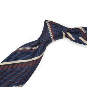 Navy silk grenadine tie, burgundy and silver stripes