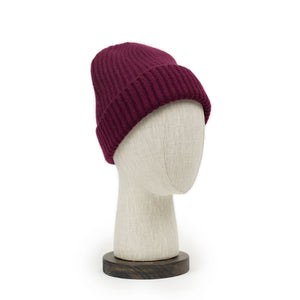 Ribbed hat in Damson burgundy 4-ply Geelong wool