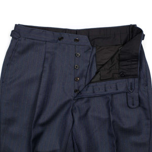 x Sartoria Carrara: pleated trousers in Drapers "Five Stars / Superbio" blue wool with tan stripe (separates)