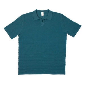 Bubble-knit short sleeve polo shirt in petrol blue cotton