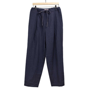 Pleated drawstring trousers in navy and blue striped cotton/linen