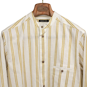 Band collar shirt in natural and ochre striped cotton/linen