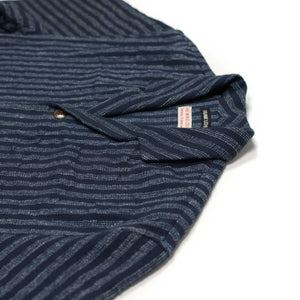 Camp collar shirt in navy and blue striped cotton/linen