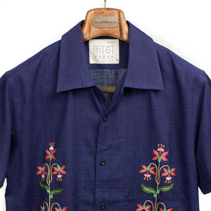 Chintan shirt in indigo dyed khadi with hand-embroidered floral motifs