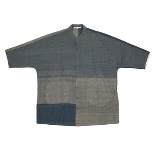 Macca band collar kimono-sleeved shirt in indigo yarn dyed cotton