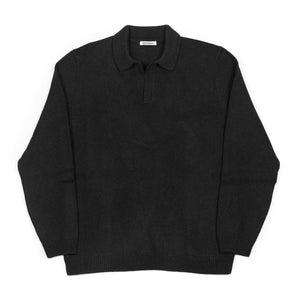 Long sleeve knit polo in black alpaca and wool