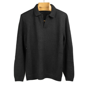 Long sleeve knit polo in black alpaca and wool