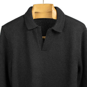 Long sleeve knit polo in black alpaca and wool