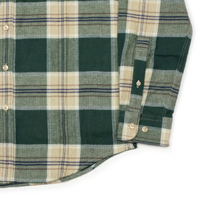 Fence shirt in pine green, beige, and navy plaid cotton flannel