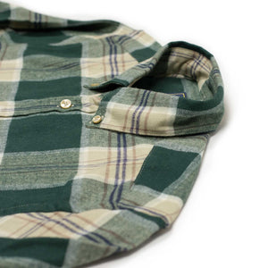 Fence shirt in pine green, beige, and navy plaid cotton flannel