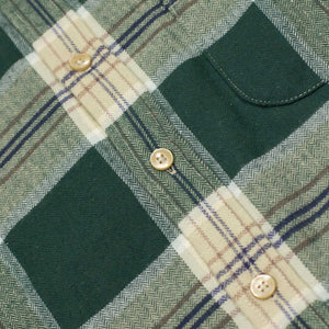 Fence shirt in pine green, beige, and navy plaid cotton flannel