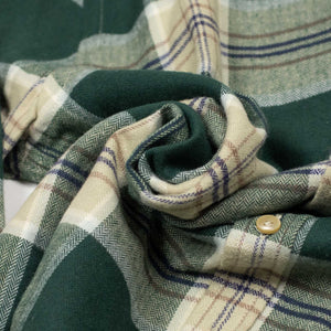 Fence shirt in pine green, beige, and navy plaid cotton flannel