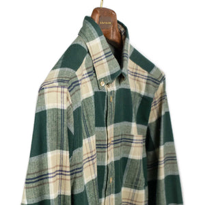 Fence shirt in pine green, beige, and navy plaid cotton flannel