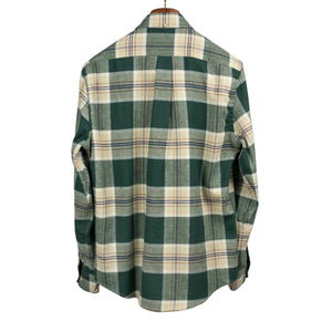 Fence shirt in pine green, beige, and navy plaid cotton flannel