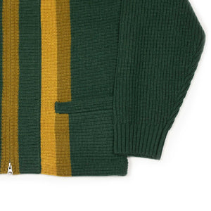 Shawl collar cardigan in green and gold stripe wool