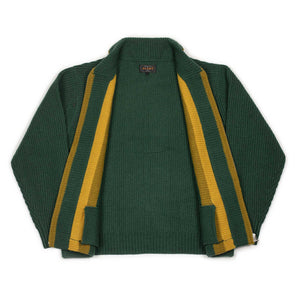 Shawl collar cardigan in green and gold stripe wool