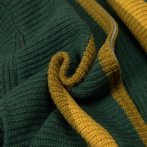 Shawl collar cardigan in green and gold stripe wool