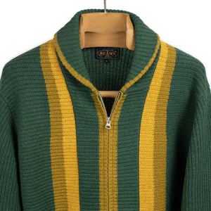 Shawl collar cardigan in green and gold stripe wool