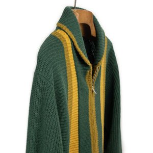 Shawl collar cardigan in green and gold stripe wool