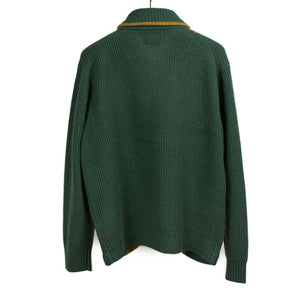 Shawl collar cardigan in green and gold stripe wool