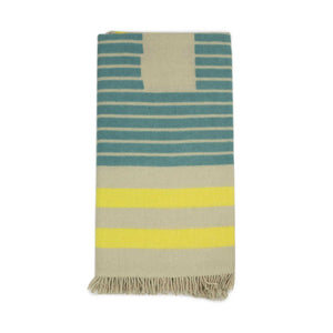 Abstract stole in yellow, turquoise, and violet merino wool