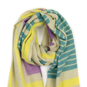 Abstract stole in yellow, turquoise, and violet merino wool