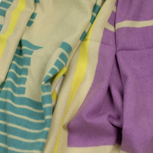 Abstract stole in yellow, turquoise, and violet merino wool