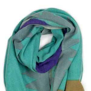 Abstract stole in turquoise and beige merino wool