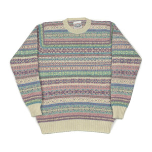 Fair Isle crewneck sweater, ivory, pink, mauve and purple