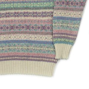 Fair Isle crewneck sweater, ivory, pink, mauve and purple