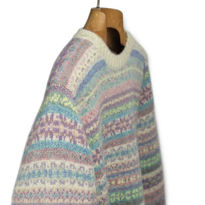 Fair Isle crewneck sweater, ivory, pink, mauve and purple