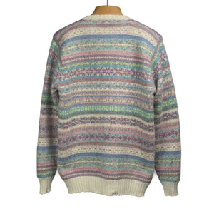 Fair Isle crewneck sweater, ivory, pink, mauve and purple