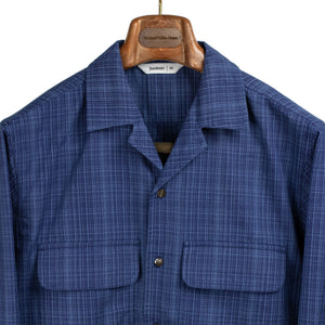3sixteen SS25 Long sleeve open collar shirt in indigo microcheck