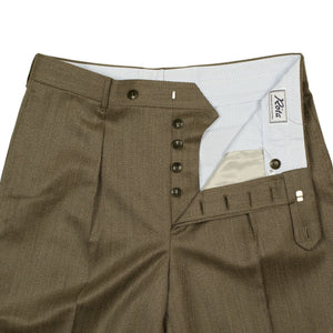 Manhattan high-rise wide tapered pleated trousers in brown melange cavalry twill wool (restock)