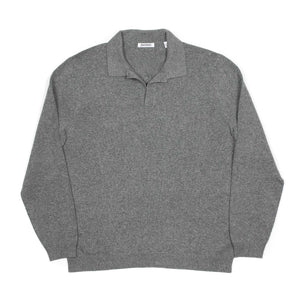 Long sleeve knit polo in grey cotton and linen