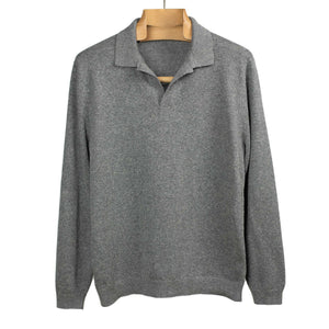 Long sleeve knit polo in grey cotton and linen