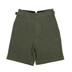 Karl side tab shorts in moss green ramie