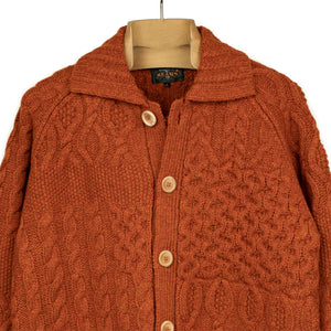 Crazy cable knit Aran cardigan in Orange wool