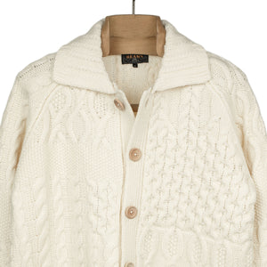 Crazy cable knit Aran cardigan in off white wool