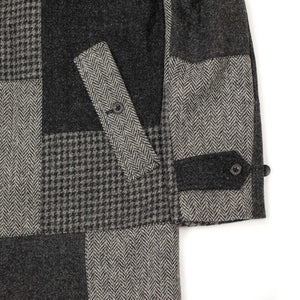Balmacaan coat in Harris Tweed black and grey wool patchwork
