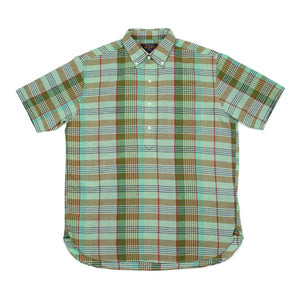 Indian Madras short sleeve popover shirt in green plaid cotton