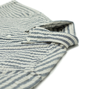 Short sleeve popover shirt in blue bengal stripe seersucker
