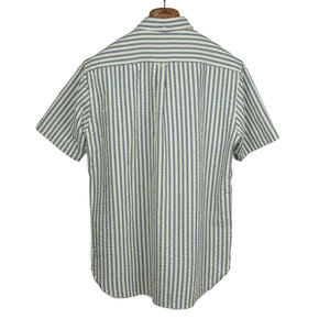Short sleeve popover shirt in blue bengal stripe seersucker