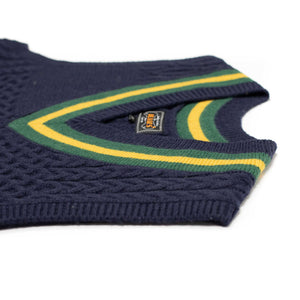 Cricket vest in navy patchwork wool with yellow and green stripe
