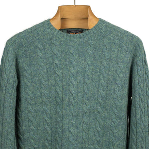 Cable crewneck sweater in sea green wool