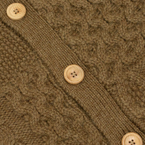 Crazy cable knit Aran cardigan in tobacco brown wool